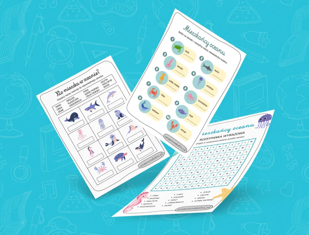3 karty pracy dla uczniów z zadaniami sprawdzającymi znajomość mieszkańców oceanu